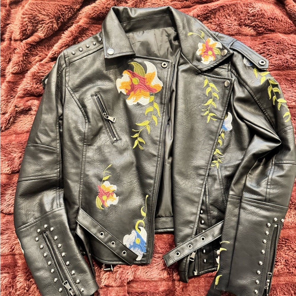 Embroidered Black Faux Leather Jacket